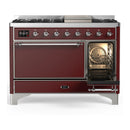 ILVE Majestic III 48-inch Dual Fuel Range with 5 Liquid Propane Burner, Griddle and Solid Door Electric Oven in Burgundy with Chrome Trim (UM48FQNR3BUCLP)