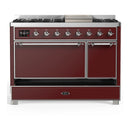 ILVE Majestic III 48-inch Dual Fuel Range with 5 Liquid Propane Burner, Griddle and Solid Door Electric Oven in Burgundy with Chrome Trim (UM48FQNR3BUCLP)
