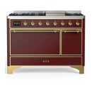ILVE Majestic III 48-inch Dual Fuel Range with 5 Natural Gas Burner, Griddle and Solid Door Electric Oven in Burgundy with Brass Trim (UM48FQNR3BUG)