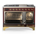 ILVE Majestic III 48-inch Dual Fuel Range with 5 Natural Gas Burner, Griddle and Solid Door Electric Oven in Burgundy with Brass Trim (UM48FQNR3BUG)