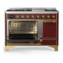 ILVE Majestic III 48-inch Dual Fuel Range with 5 Natural Gas Burner, Griddle and Solid Door Electric Oven in Burgundy with Brass Trim (UM48FQNR3BUG)