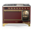 ILVE Majestic III 48-inch Dual Fuel Range with 5 Liquid Propane Burner, Griddle and Solid Door Electric Oven in Burgundy with Brass Trim (UM48FQNR3BUGLP)