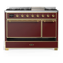 ILVE Majestic III 48-inch Dual Fuel Range with 5 Natural Gas Burner, Griddle and Solid Door Electric Oven in Burgundy with Brass Trim (UM48FQNR3BUG)