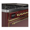 ILVE Majestic III 48-inch Dual Fuel Range with 5 Natural Gas Burner, Griddle and Solid Door Electric Oven in Burgundy with Brass Trim (UM48FQNR3BUG)