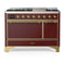 ILVE Majestic III 48-inch Dual Fuel Range with 5 Liquid Propane Burner, Griddle and Solid Door Electric Oven in Burgundy with Brass Trim (UM48FQNR3BUGLP)