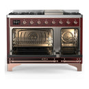 ILVE Majestic III 48-inch Dual Fuel Range with 5 Natural Gas Burner, Griddle and Solid Door Electric Oven in Burgundy with Copper Trim (UM48FQNR3BUP)