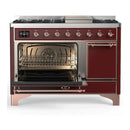 ILVE Majestic III 48-inch Dual Fuel Range with 5 Liquid Propane Burner, Griddle and Solid Door Electric Oven in Burgundy with Copper Trim (UM48FQNR3BUPLP)