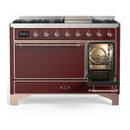 ILVE Majestic III 48-inch Dual Fuel Range with 5 Natural Gas Burner, Griddle and Solid Door Electric Oven in Burgundy with Copper Trim (UM48FQNR3BUP)