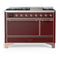 ILVE Majestic III 48-inch Dual Fuel Range with 5 Natural Gas Burner, Griddle and Solid Door Electric Oven in Burgundy with Copper Trim (UM48FQNR3BUP)