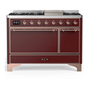 ILVE Majestic III 48-inch Dual Fuel Range with 5 Liquid Propane Burner, Griddle and Solid Door Electric Oven in Burgundy with Copper Trim (UM48FQNR3BUPLP)