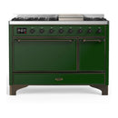 ILVE Majestic III 48-inch Dual Fuel Range with 5 Natural Gas Burner, Griddle and Solid Door Electric Oven in Emerald Green with Burnished Trim (UM48FQNR3EGB)