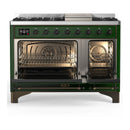 ILVE Majestic III 48-inch Dual Fuel Range with 5 Liquid Propane Burner, Griddle and Solid Door Electric Oven in Emerald Green with Burnished Trim (UM48FQNR3EGBLP)