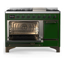 ILVE Majestic III 48-inch Dual Fuel Range with 5 Liquid Propane Burner, Griddle and Solid Door Electric Oven in Emerald Green with Burnished Trim (UM48FQNR3EGBLP)