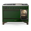 ILVE Majestic III 48-inch Dual Fuel Range with 5 Liquid Propane Burner, Griddle and Solid Door Electric Oven in Emerald Green with Burnished Trim (UM48FQNR3EGBLP)