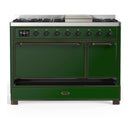 ILVE Majestic III 48-inch Dual Fuel Range with 5 Liquid Propane Burner, Griddle and Solid Door Electric Oven in Emerald Green with Burnished Trim (UM48FQNR3EGBLP)