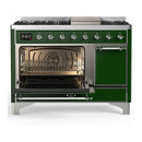ILVE Majestic III 48-inch Dual Fuel Range with 5 Liquid Propane Burner, Griddle and Solid Door Electric Oven in Emerald Green with Chrome Trim (UM48FQNR3EGCLP)