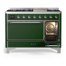 ILVE Majestic III 48-inch Dual Fuel Range with 5 Liquid Propane Burner, Griddle and Solid Door Electric Oven in Emerald Green with Chrome Trim (UM48FQNR3EGCLP)