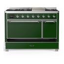 ILVE Majestic III 48-inch Dual Fuel Range with 5 Liquid Propane Burner, Griddle and Solid Door Electric Oven in Emerald Green with Chrome Trim (UM48FQNR3EGCLP)