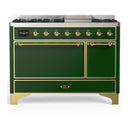 ILVE Majestic III 48-inch Dual Fuel Range with 5 Liquid Propane Burner, Griddle and Solid Door Electric Oven in Emerald Green with Brass Trim (UM48FQNR3EGGLP)