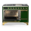 ILVE Majestic III 48-inch Dual Fuel Range with 5 Liquid Propane Burner, Griddle and Solid Door Electric Oven in Emerald Green with Brass Trim (UM48FQNR3EGGLP)