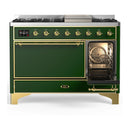 ILVE Majestic III 48-inch Dual Fuel Range with 5 Liquid Propane Burner, Griddle and Solid Door Electric Oven in Emerald Green with Brass Trim (UM48FQNR3EGGLP)
