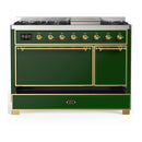 ILVE Majestic III 48-inch Dual Fuel Range with 5 Liquid Propane Burner, Griddle and Solid Door Electric Oven in Emerald Green with Brass Trim (UM48FQNR3EGGLP)