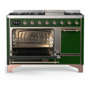 ILVE Majestic III 48-inch Dual Fuel Range with 5 Liquid Propane Burner, Griddle and Solid Door Electric Oven in Emerald Green with Copper Trim (UM48FQNR3EGPLP)