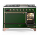ILVE Majestic III 48-inch Dual Fuel Range with 5 Liquid Propane Burner, Griddle and Solid Door Electric Oven in Emerald Green with Copper Trim (UM48FQNR3EGPLP)
