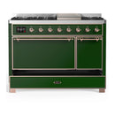 ILVE Majestic III 48-inch Dual Fuel Range with 5 Natural Gas Burner, Griddle and Solid Door Electric Oven in Emerald Green with Copper Trim (UM48FQNR3EGP)