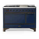 ILVE Majestic III 48-inch Dual Fuel Range with 5 Natural Gas Burner, Griddle and Solid Door Electric Oven in Midnight Blue with Burnished Trim (UM48FQNR3MBB)