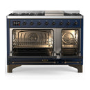 ILVE Majestic III 48-inch Dual Fuel Range with 5 Liquid Propane Burner, Griddle and Solid Door Electric Oven in Midnight Blue with Burnished Trim (UM48FQNR3MBBLP)