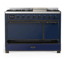 ILVE Majestic III 48-inch Dual Fuel Range with 5 Natural Gas Burner, Griddle and Solid Door Electric Oven in Midnight Blue with Burnished Trim (UM48FQNR3MBB)
