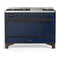 ILVE Majestic III 48-inch Dual Fuel Range with 5 Natural Gas Burner, Griddle and Solid Door Electric Oven in Midnight Blue with Burnished Trim (UM48FQNR3MBB)