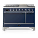 ILVE Majestic III 48-inch Dual Fuel Range with 5 Natural Gas Burner, Griddle and Solid Door Electric Oven in Midnight Blue with Chrome Trim (UM48FQNR3MBC)