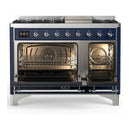ILVE Majestic III 48-inch Dual Fuel Range with 5 Liquid Propane Burner, Griddle and Solid Door Electric Oven in Midnight Blue with Chrome Trim (UM48FQNR3MBCLP)