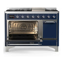 ILVE Majestic III 48-inch Dual Fuel Range with 5 Liquid Propane Burner, Griddle and Solid Door Electric Oven in Midnight Blue with Chrome Trim (UM48FQNR3MBCLP)