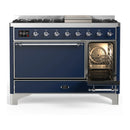 ILVE Majestic III 48-inch Dual Fuel Range with 5 Liquid Propane Burner, Griddle and Solid Door Electric Oven in Midnight Blue with Chrome Trim (UM48FQNR3MBCLP)