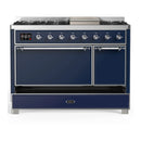 ILVE Majestic III 48-inch Dual Fuel Range with 5 Liquid Propane Burner, Griddle and Solid Door Electric Oven in Midnight Blue with Chrome Trim (UM48FQNR3MBCLP)