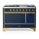 ILVE Majestic III 48-inch Dual Fuel Range with 5 Natural Gas Burner, Griddle and Solid Door Electric Oven in Blue Grey with Brass Trim (UM48FQNR3MBG)