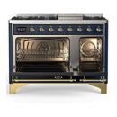 ILVE Majestic III 48-inch Dual Fuel Range with 5 Natural Gas Burner, Griddle and Solid Door Electric Oven in Blue Grey with Brass Trim (UM48FQNR3MBG)