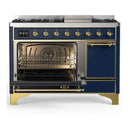 ILVE Majestic III 48-inch Dual Fuel Range with 5 Natural Gas Burner, Griddle and Solid Door Electric Oven in Blue Grey with Brass Trim (UM48FQNR3MBG)
