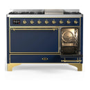 ILVE Majestic III 48-inch Dual Fuel Range with 5 Liquid Propane Burner, Griddle and Solid Door Electric Oven in Blue Grey with Brass Trim (UM48FQNR3MBGLP)