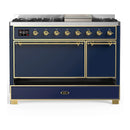ILVE Majestic III 48-inch Dual Fuel Range with 5 Liquid Propane Burner, Griddle and Solid Door Electric Oven in Blue Grey with Brass Trim (UM48FQNR3MBGLP)