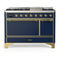 ILVE Majestic III 48-inch Dual Fuel Range with 5 Natural Gas Burner, Griddle and Solid Door Electric Oven in Blue Grey with Brass Trim (UM48FQNR3MBG)