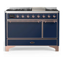 ILVE Majestic III 48-inch Dual Fuel Range with 5 Natural Gas Burner, Griddle and Solid Door Electric Oven in Midnight Blue with Copper Trim (UM48FQNR3MBP)