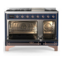 ILVE Majestic III 48-inch Dual Fuel Range with 5 Liquid Propane Burner, Griddle and Solid Door Electric Oven in Midnight Blue with Copper Trim (UM48FQNR3MBPLP)