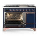 ILVE Majestic III 48-inch Dual Fuel Range with 5 Liquid Propane Burner, Griddle and Solid Door Electric Oven in Midnight Blue with Copper Trim (UM48FQNR3MBPLP)