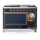 ILVE Majestic III 48-inch Dual Fuel Range with 5 Liquid Propane Burner, Griddle and Solid Door Electric Oven in Midnight Blue with Copper Trim (UM48FQNR3MBPLP)