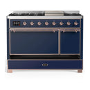 ILVE Majestic III 48-inch Dual Fuel Range with 5 Liquid Propane Burner, Griddle and Solid Door Electric Oven in Midnight Blue with Copper Trim (UM48FQNR3MBPLP)