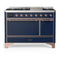 ILVE Majestic III 48-inch Dual Fuel Range with 5 Natural Gas Burner, Griddle and Solid Door Electric Oven in Midnight Blue with Copper Trim (UM48FQNR3MBP)